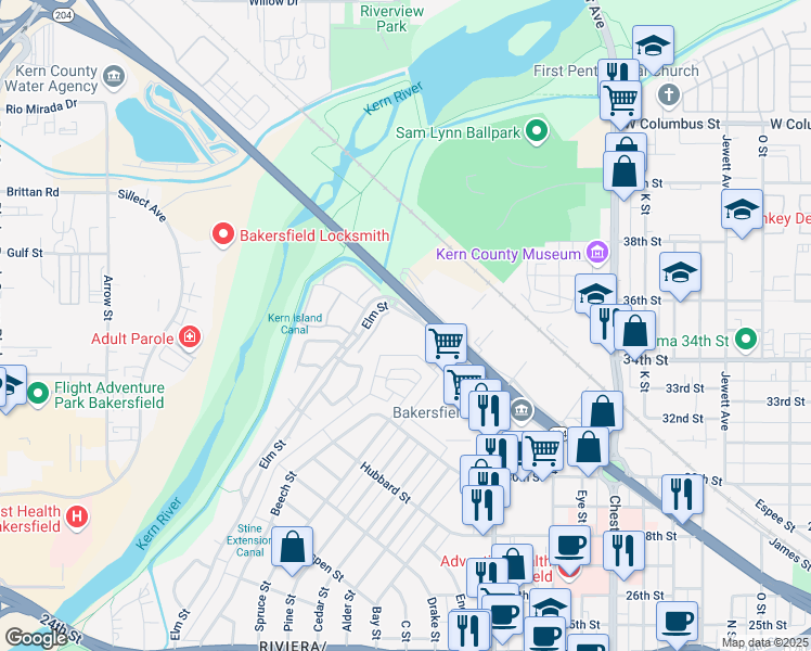 map of restaurants, bars, coffee shops, grocery stores, and more near 1841 Golden State Avenue in Bakersfield