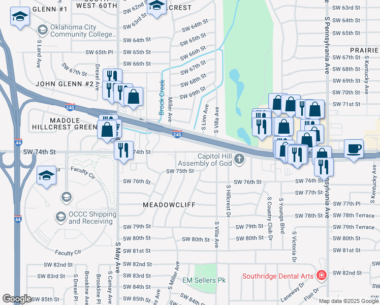 map of restaurants, bars, coffee shops, grocery stores, and more near 2624 Southwest 74th Street in Oklahoma City