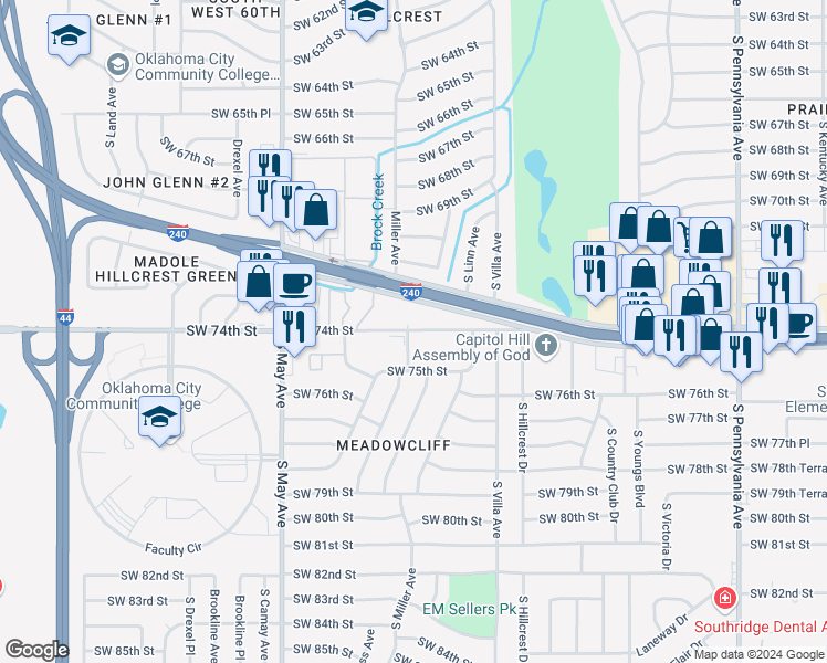 map of restaurants, bars, coffee shops, grocery stores, and more near 2624 Southwest 74th Street in Oklahoma City