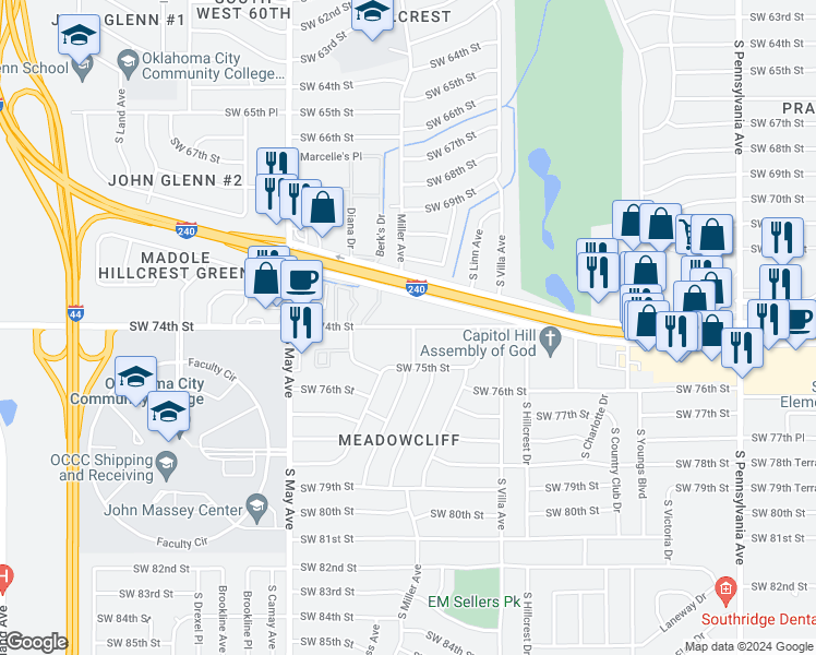 map of restaurants, bars, coffee shops, grocery stores, and more near 2720 Southwest 74th Street in Oklahoma City