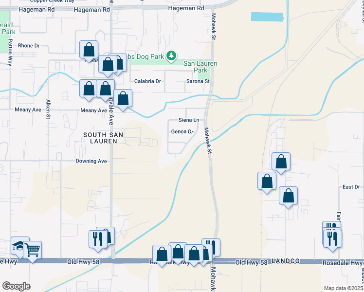 map of restaurants, bars, coffee shops, grocery stores, and more near 5903 Asti Drive in Bakersfield