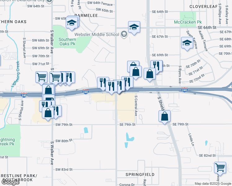 map of restaurants, bars, coffee shops, grocery stores, and more near S Santa Fe Ave & Interstate 240 W Frontage Rd in Oklahoma City