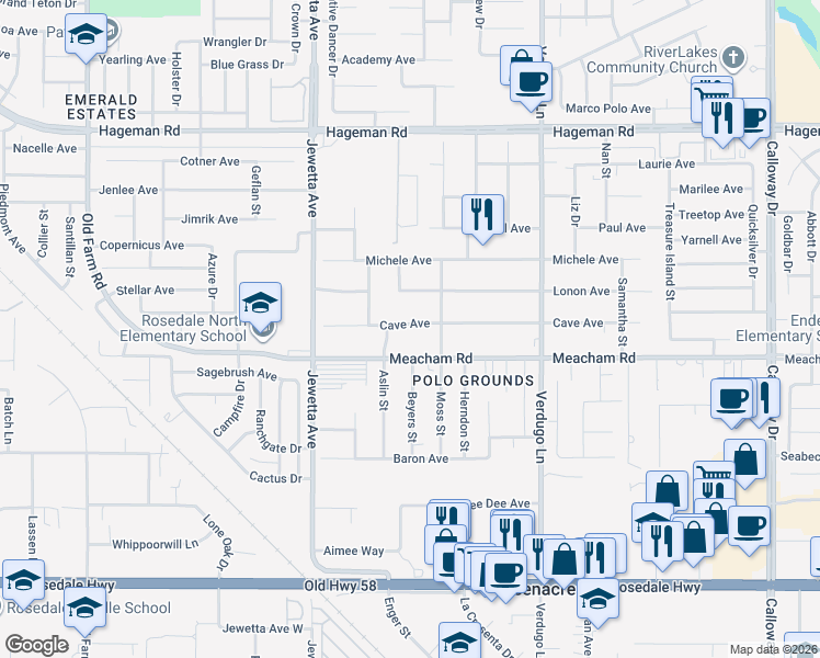 map of restaurants, bars, coffee shops, grocery stores, and more near 10917 Cave Avenue in Bakersfield