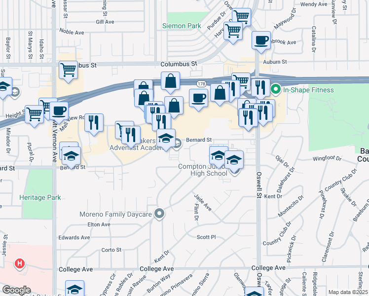 map of restaurants, bars, coffee shops, grocery stores, and more near 3345 Bernard Street in Bakersfield