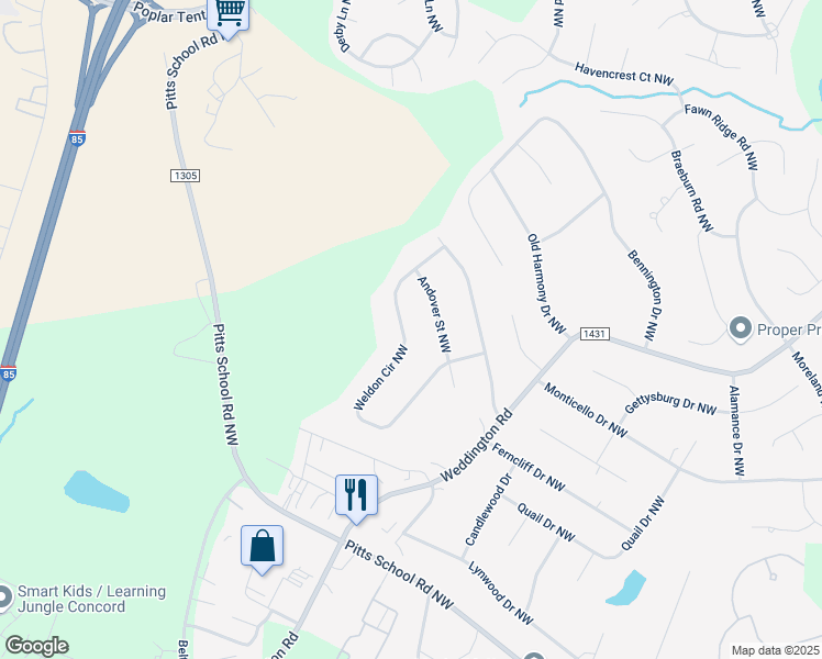 map of restaurants, bars, coffee shops, grocery stores, and more near 6604 Weldon Circle Northwest in Concord