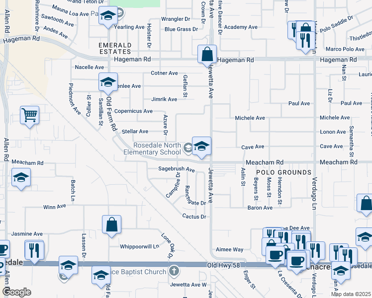 map of restaurants, bars, coffee shops, grocery stores, and more near 11500 Meacham Road in Bakersfield