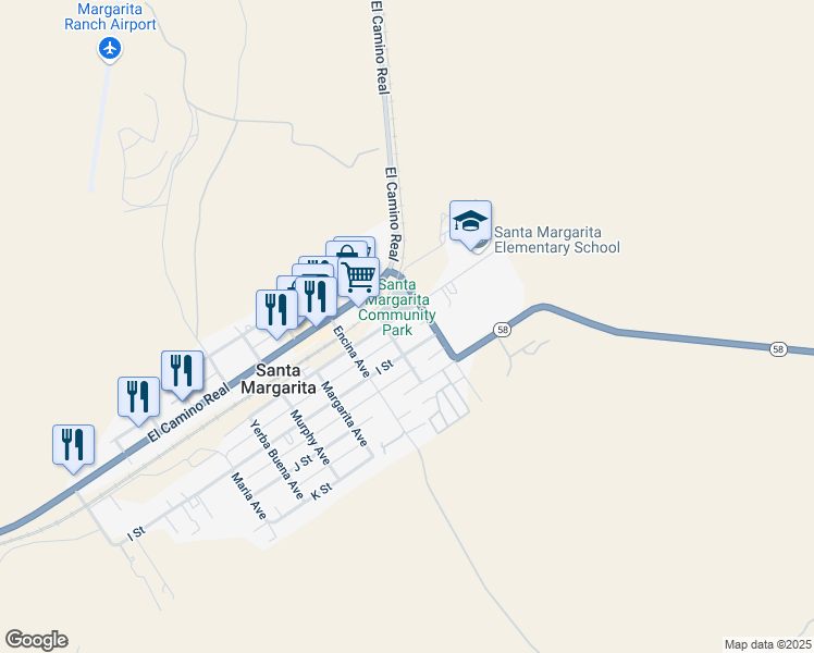 map of restaurants, bars, coffee shops, grocery stores, and more near 9565 Pinal Avenue in Santa Margarita