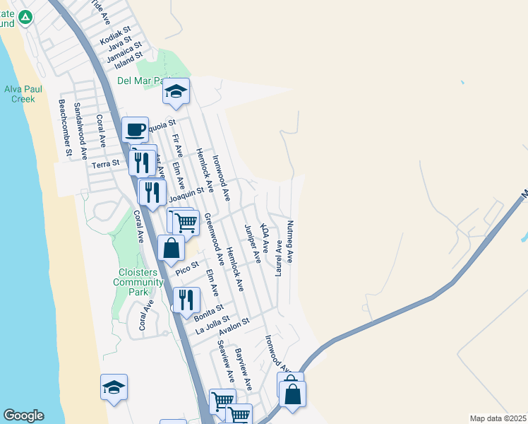 map of restaurants, bars, coffee shops, grocery stores, and more near 2637 Laurel Avenue in Morro Bay