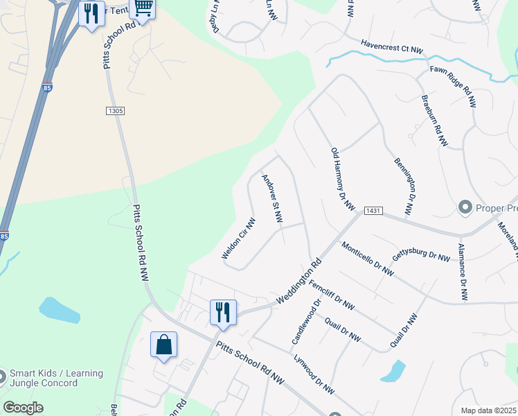 map of restaurants, bars, coffee shops, grocery stores, and more near 6604 Weldon Circle Northwest in Concord