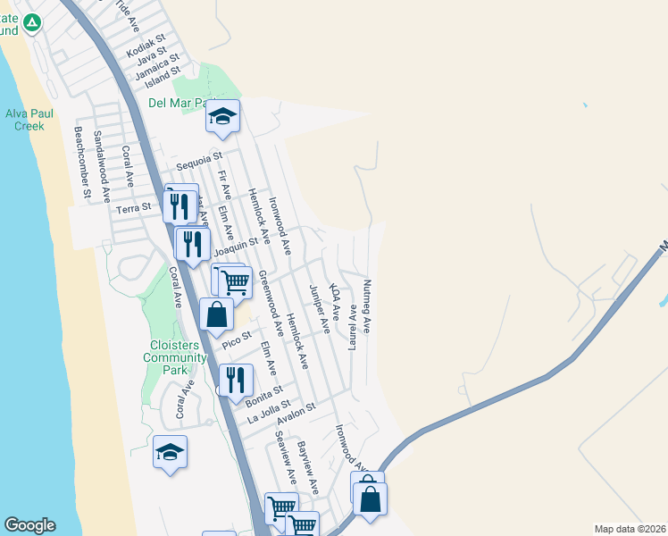 map of restaurants, bars, coffee shops, grocery stores, and more near 2637 Laurel Avenue in Morro Bay