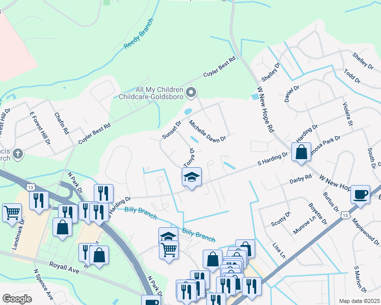 map of restaurants, bars, coffee shops, grocery stores, and more near 206 Tonya Drive in Goldsboro