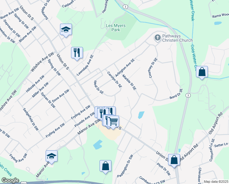 map of restaurants, bars, coffee shops, grocery stores, and more near 808 Carolyn Drive Southeast in Concord
