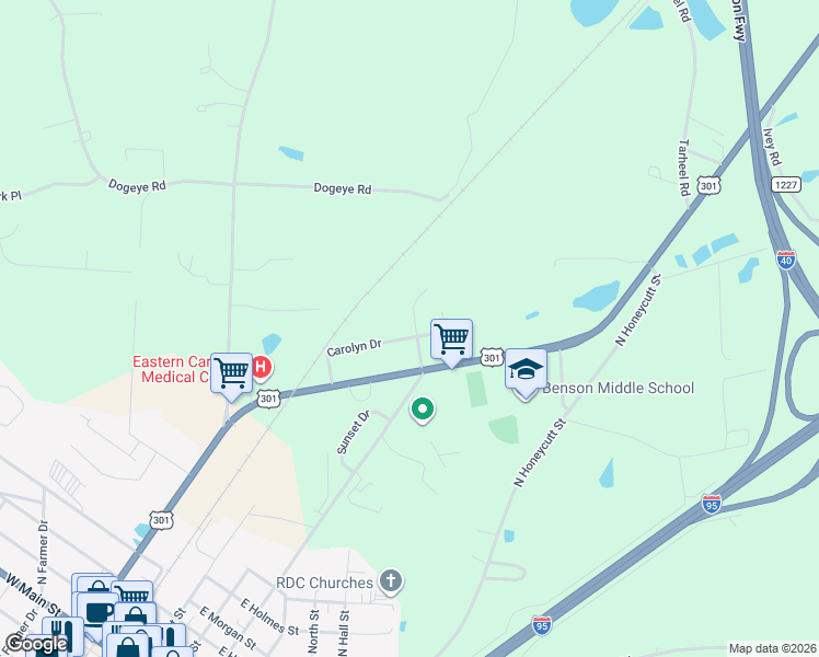 map of restaurants, bars, coffee shops, grocery stores, and more near 1402 North Johnson Street in Benson