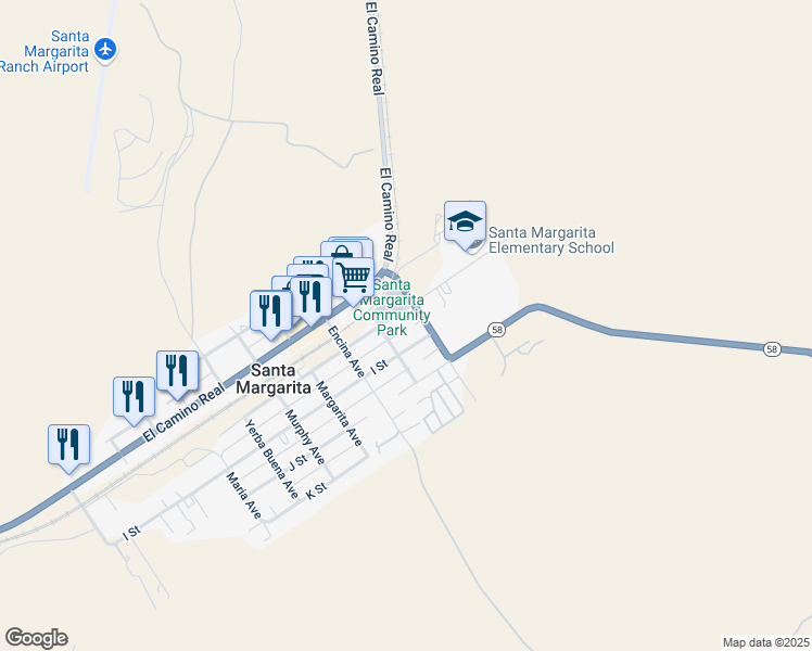 map of restaurants, bars, coffee shops, grocery stores, and more near 9565 Pinal Avenue in Santa Margarita
