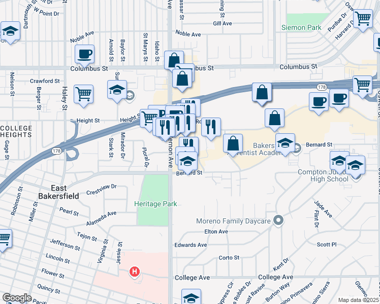 map of restaurants, bars, coffee shops, grocery stores, and more near 2505 Mount Vernon Avenue in Bakersfield