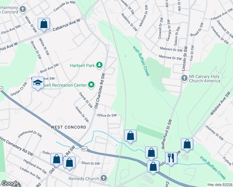map of restaurants, bars, coffee shops, grocery stores, and more near 40 Lee Court Southwest in Concord