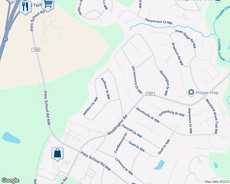 map of restaurants, bars, coffee shops, grocery stores, and more near 6410 Weldon Circle Northwest in Concord