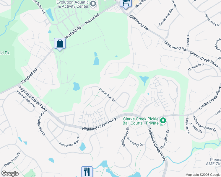 map of restaurants, bars, coffee shops, grocery stores, and more near 6112 Hidden Meadow Lane in Charlotte