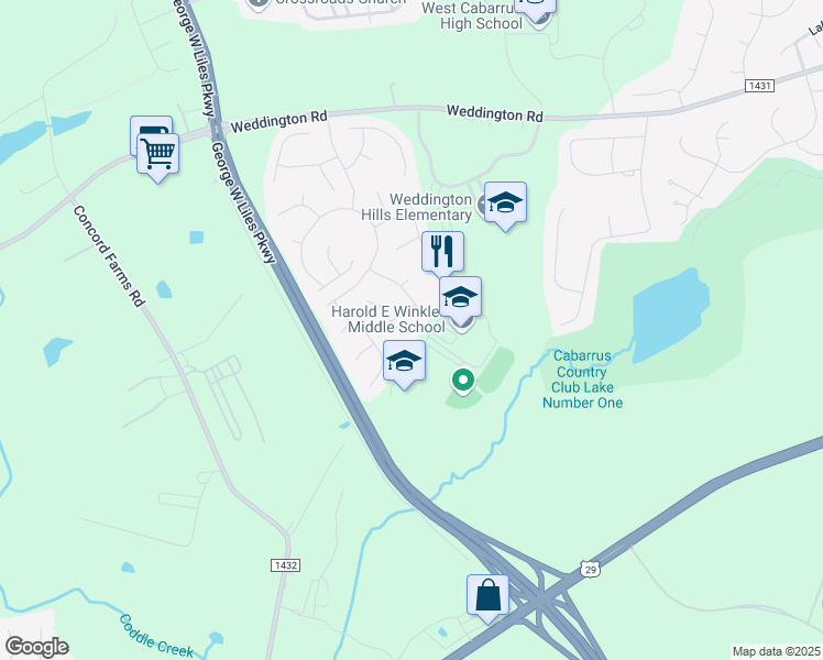 map of restaurants, bars, coffee shops, grocery stores, and more near 1410 Lockhart Place Northwest in Concord