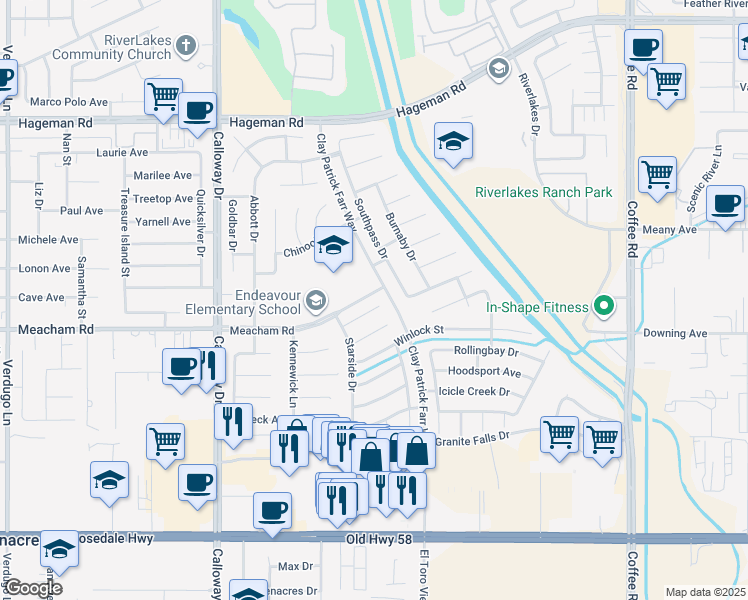 map of restaurants, bars, coffee shops, grocery stores, and more near 9012 Seahurst Court in Bakersfield