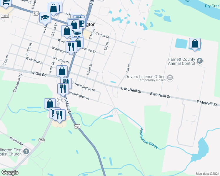 map of restaurants, bars, coffee shops, grocery stores, and more near 410 East McNeill Street in Lillington