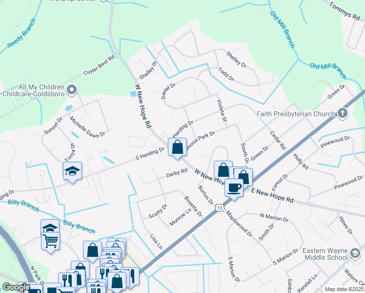 map of restaurants, bars, coffee shops, grocery stores, and more near 103 Mimosa Park Drive in Goldsboro