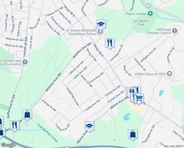 map of restaurants, bars, coffee shops, grocery stores, and more near 80 Marshdale Avenue Southwest in Concord