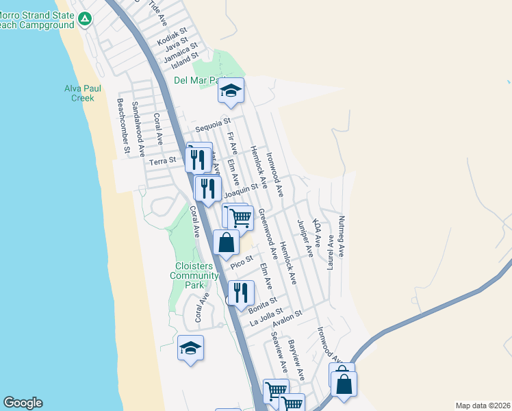 map of restaurants, bars, coffee shops, grocery stores, and more near 2740 Fir Avenue in Morro Bay
