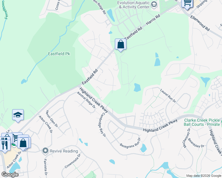 map of restaurants, bars, coffee shops, grocery stores, and more near 14015 Bernardy Lane in Charlotte