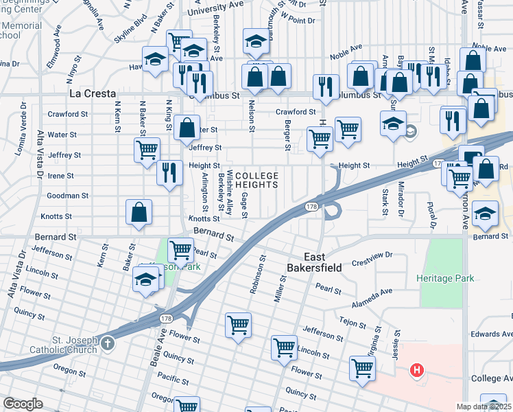map of restaurants, bars, coffee shops, grocery stores, and more near 2231 Nelson Street in Bakersfield
