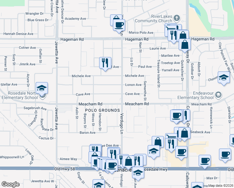 map of restaurants, bars, coffee shops, grocery stores, and more near 10505 Lonon Avenue in Bakersfield
