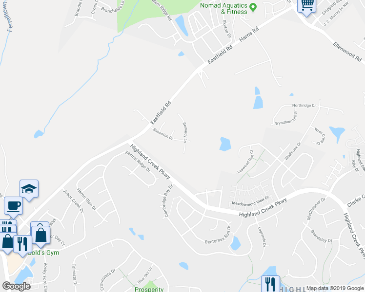 map of restaurants, bars, coffee shops, grocery stores, and more near 14033 Bernardy Lane in Charlotte