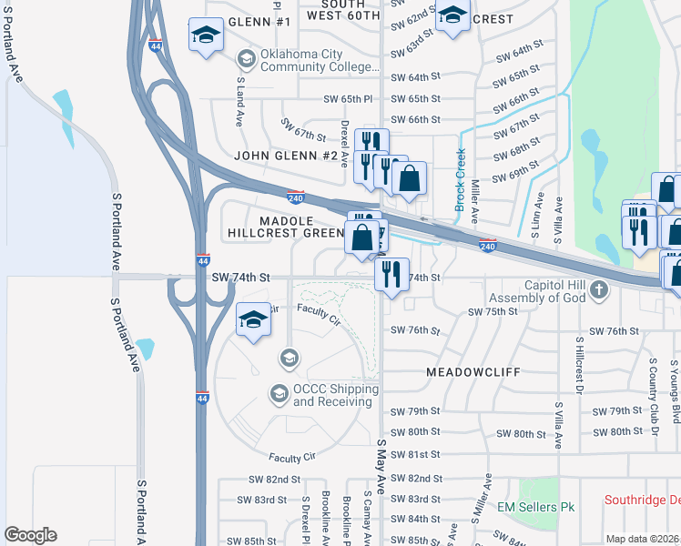 map of restaurants, bars, coffee shops, grocery stores, and more near 7401 Brookline Avenue in Oklahoma City