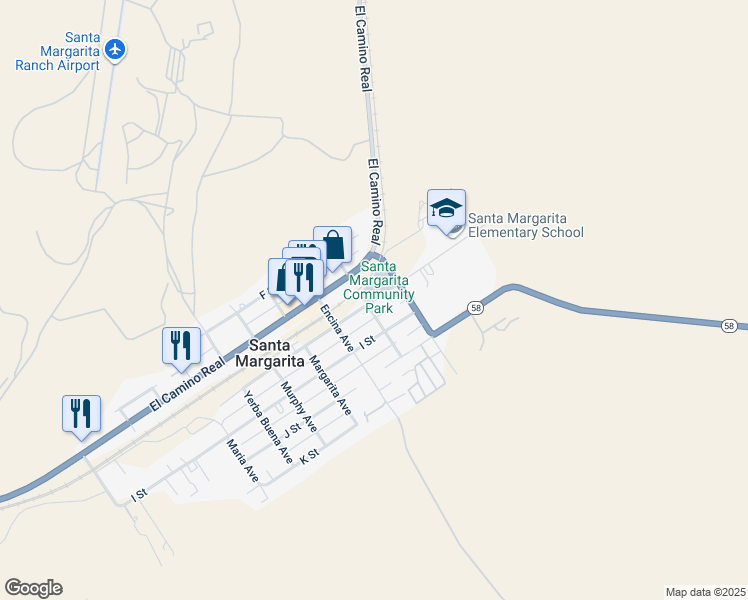 map of restaurants, bars, coffee shops, grocery stores, and more near 2210 H Street in Santa Margarita
