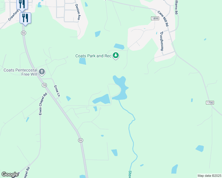 map of restaurants, bars, coffee shops, grocery stores, and more near 546 Jernigans Pond Lane in Dunn