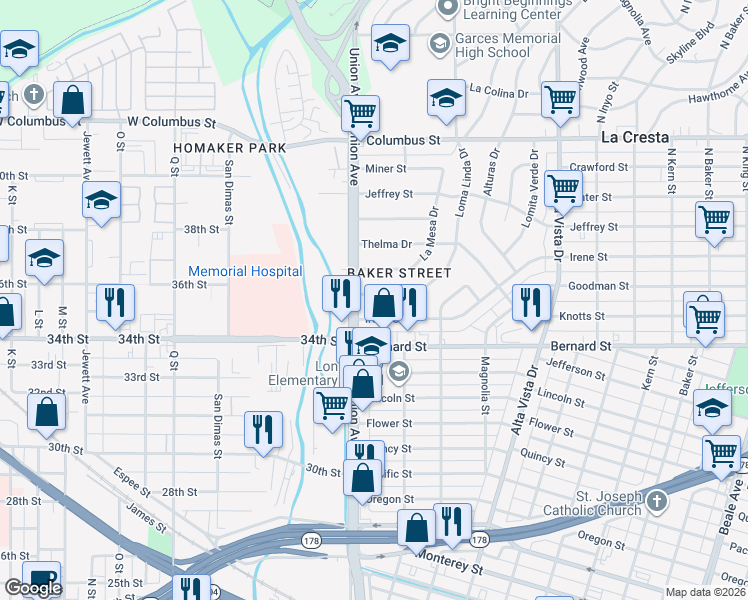 map of restaurants, bars, coffee shops, grocery stores, and more near 15 Loma Linda Drive in Bakersfield