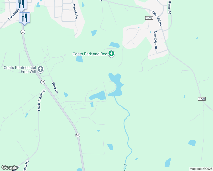 map of restaurants, bars, coffee shops, grocery stores, and more near 546 Jernigans Pond Lane in Dunn