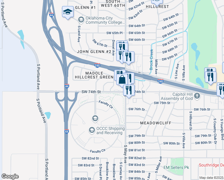 map of restaurants, bars, coffee shops, grocery stores, and more near 7401 Brookline Avenue in Oklahoma City