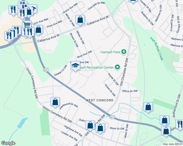 map of restaurants, bars, coffee shops, grocery stores, and more near 641 Sunderland Road Southwest in Concord