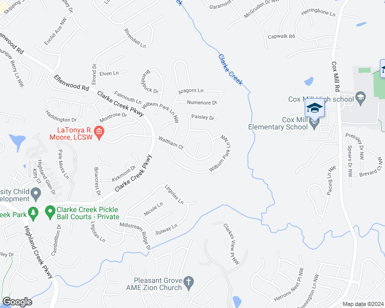 map of restaurants, bars, coffee shops, grocery stores, and more near 9802 Waltham Court in Charlotte