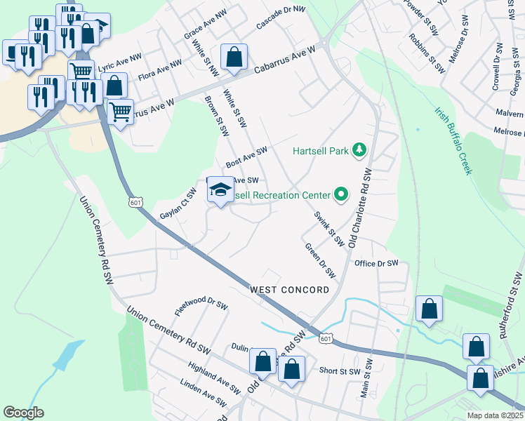 map of restaurants, bars, coffee shops, grocery stores, and more near 647 Sunderland Road Southwest in Concord