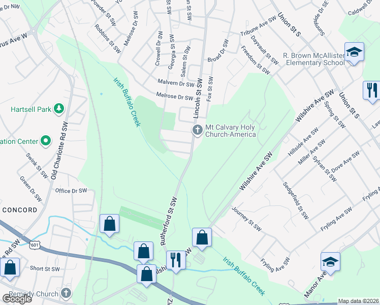 map of restaurants, bars, coffee shops, grocery stores, and more near 410 Lincoln Street Southwest in Concord