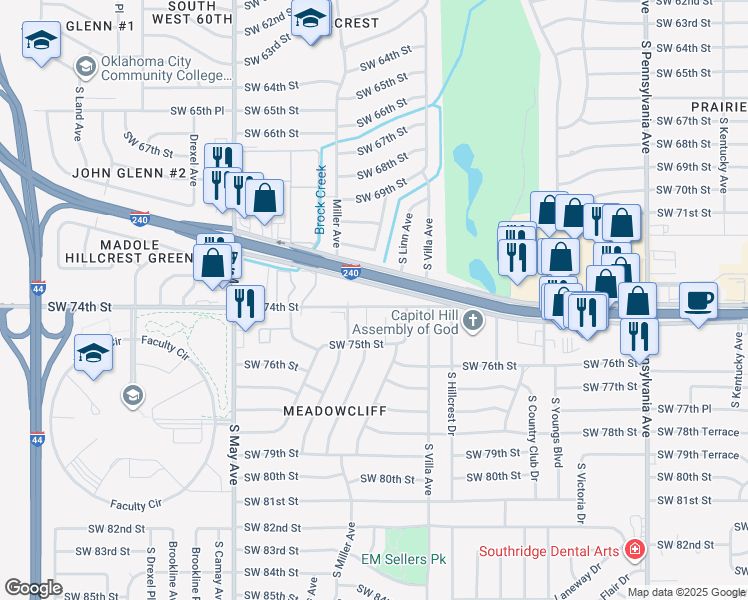 map of restaurants, bars, coffee shops, grocery stores, and more near 2542 West Interstate 240 Service Road in Oklahoma City