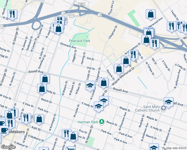 map of restaurants, bars, coffee shops, grocery stores, and more near 715 1st Street in Goldsboro