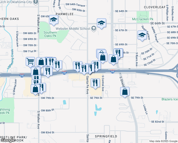 map of restaurants, bars, coffee shops, grocery stores, and more near Southwest Expressway in Oklahoma City