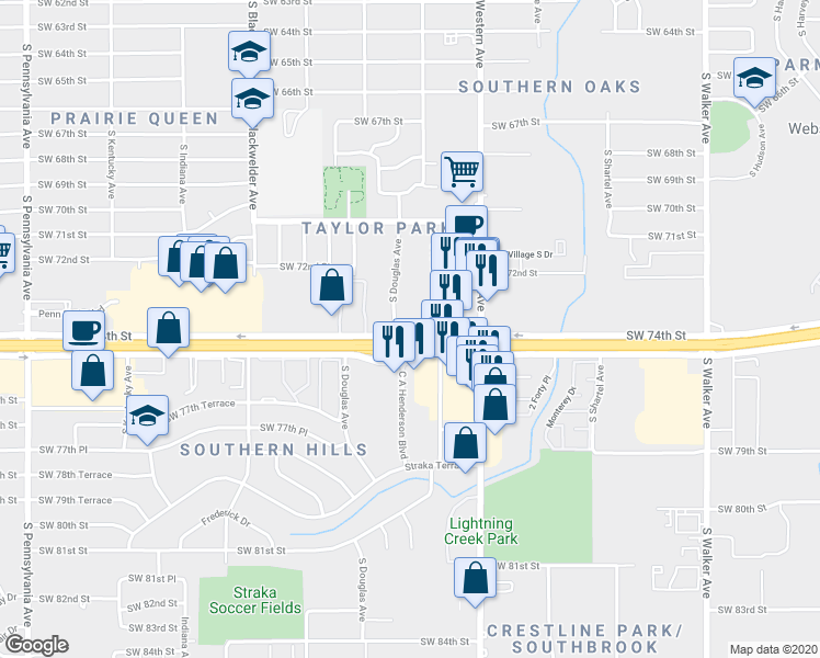 map of restaurants, bars, coffee shops, grocery stores, and more near W I 240 Service Rd in Oklahoma City