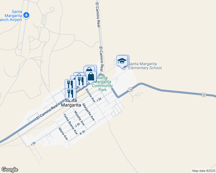 map of restaurants, bars, coffee shops, grocery stores, and more near 2210 H Street in Santa Margarita