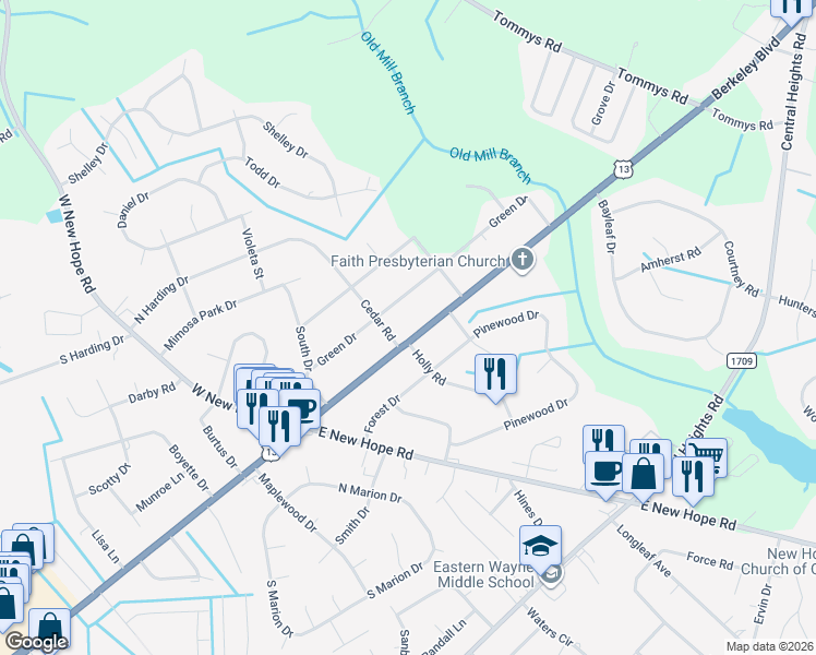 map of restaurants, bars, coffee shops, grocery stores, and more near 2003 U.S. 13 in Goldsboro