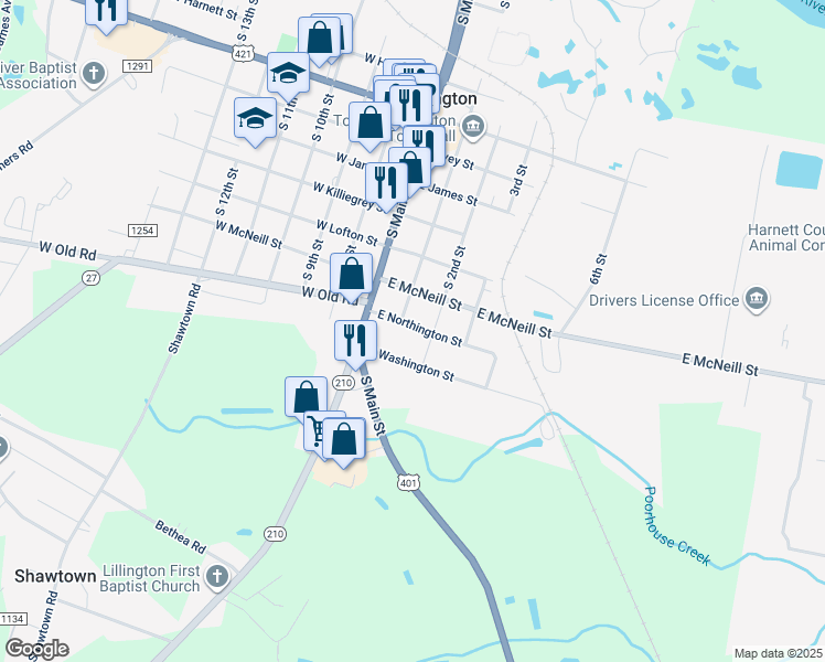 map of restaurants, bars, coffee shops, grocery stores, and more near 108 East Northington Street in Lillington