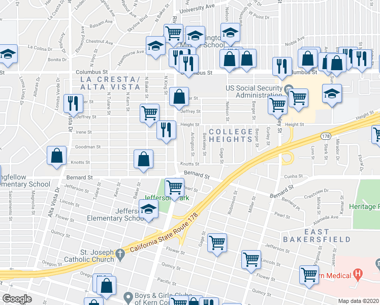 map of restaurants, bars, coffee shops, grocery stores, and more near 2209 Arlington Street in Bakersfield